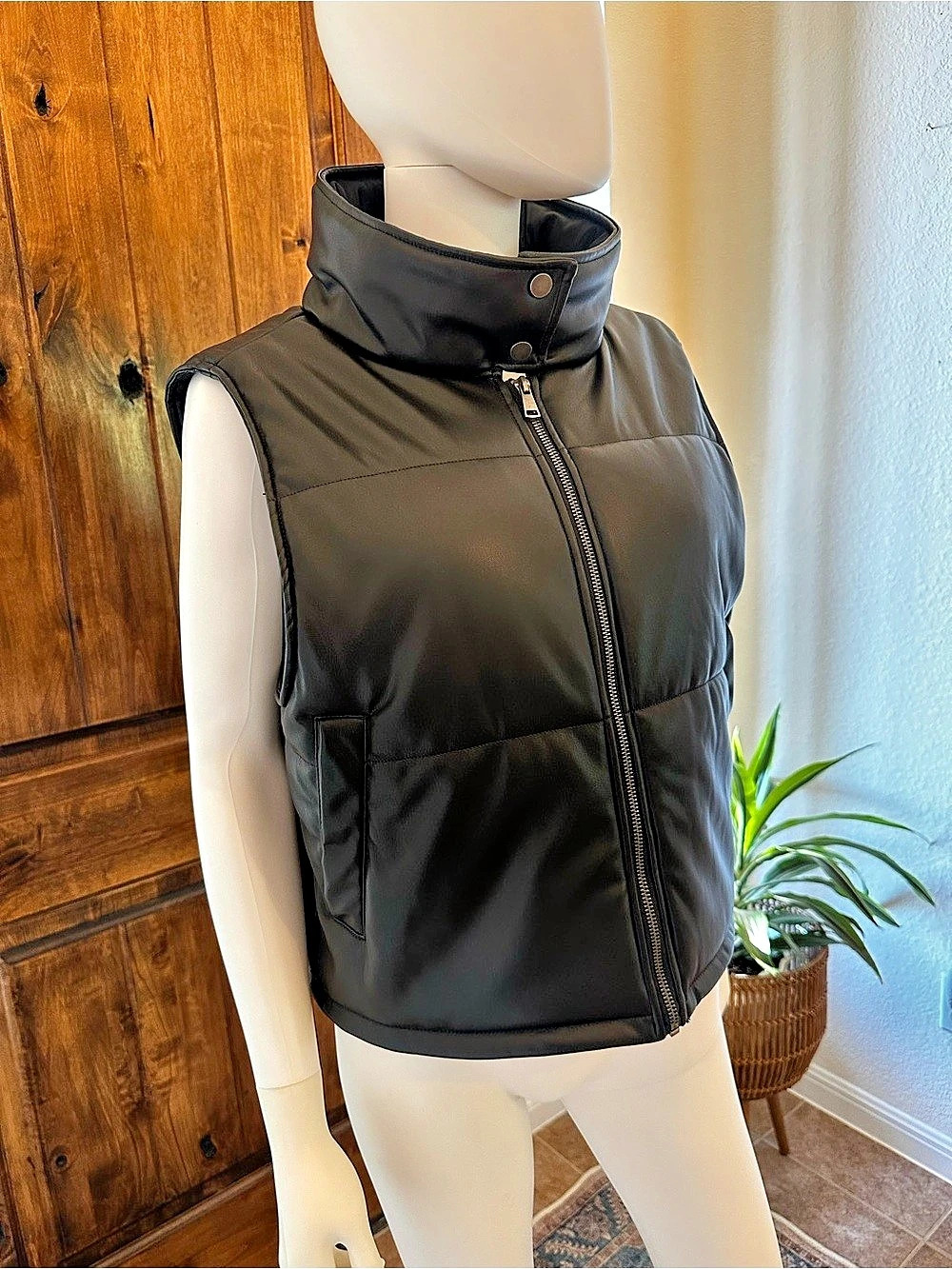 Anthropologie Black Faux Leather Puffer Vest Size L/XL